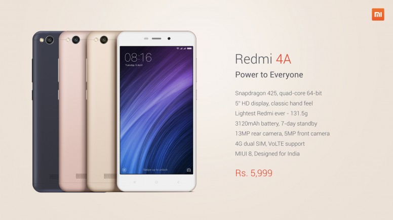Redmi 4A Launched at 5,999 INR! First Sale on 23rd March on mi.com and Amazon