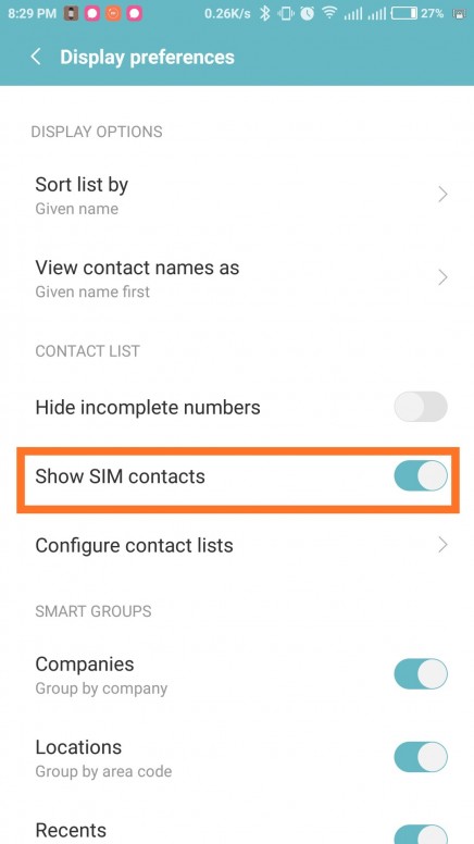 طريقة اظهار أسماء الخطوط SIM في جهات الاتصال في MIUI